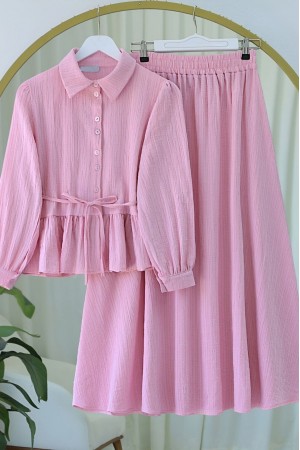 Skirt Suit with Frilled Buttons and Tied Waist -Pink