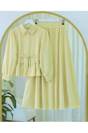 Skirt Suit with Frilled Buttons and Tied Waist -Yellow