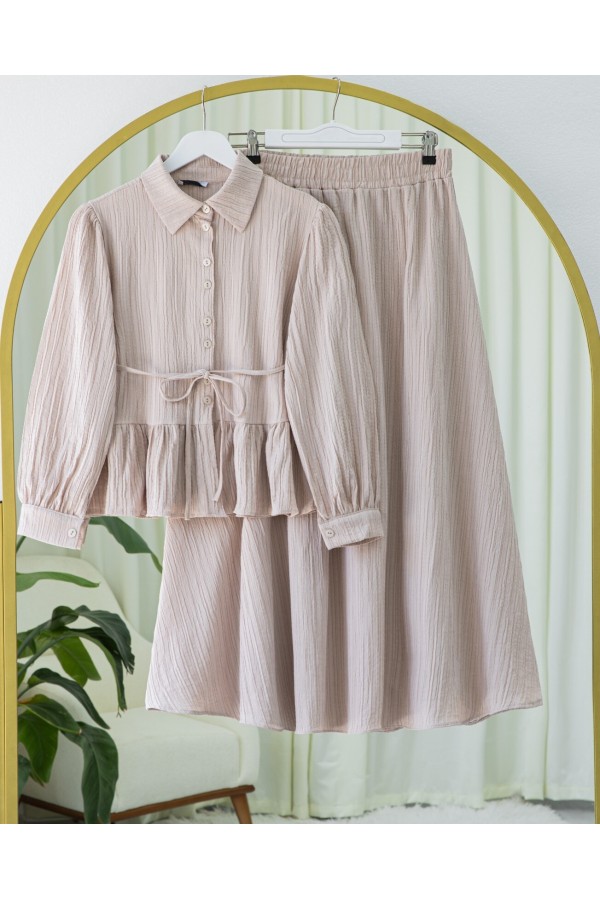 Skirt Suit with Frilled Buttons and Tied Waist -Mink color
