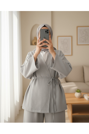 Front Tie Trouser Kimono Set         - Light grey