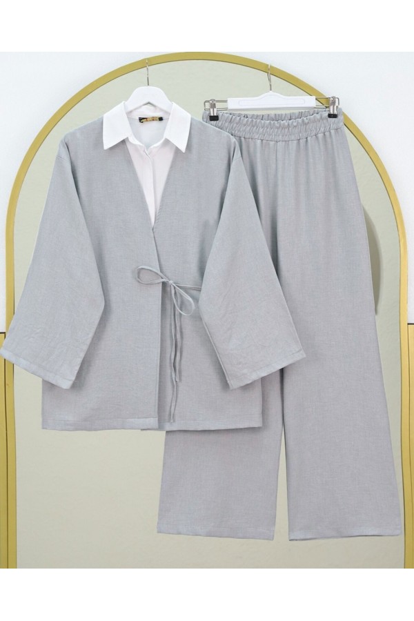 Önden Bağlamalı Pantolonlu Kimono Takım         -Açık Gri