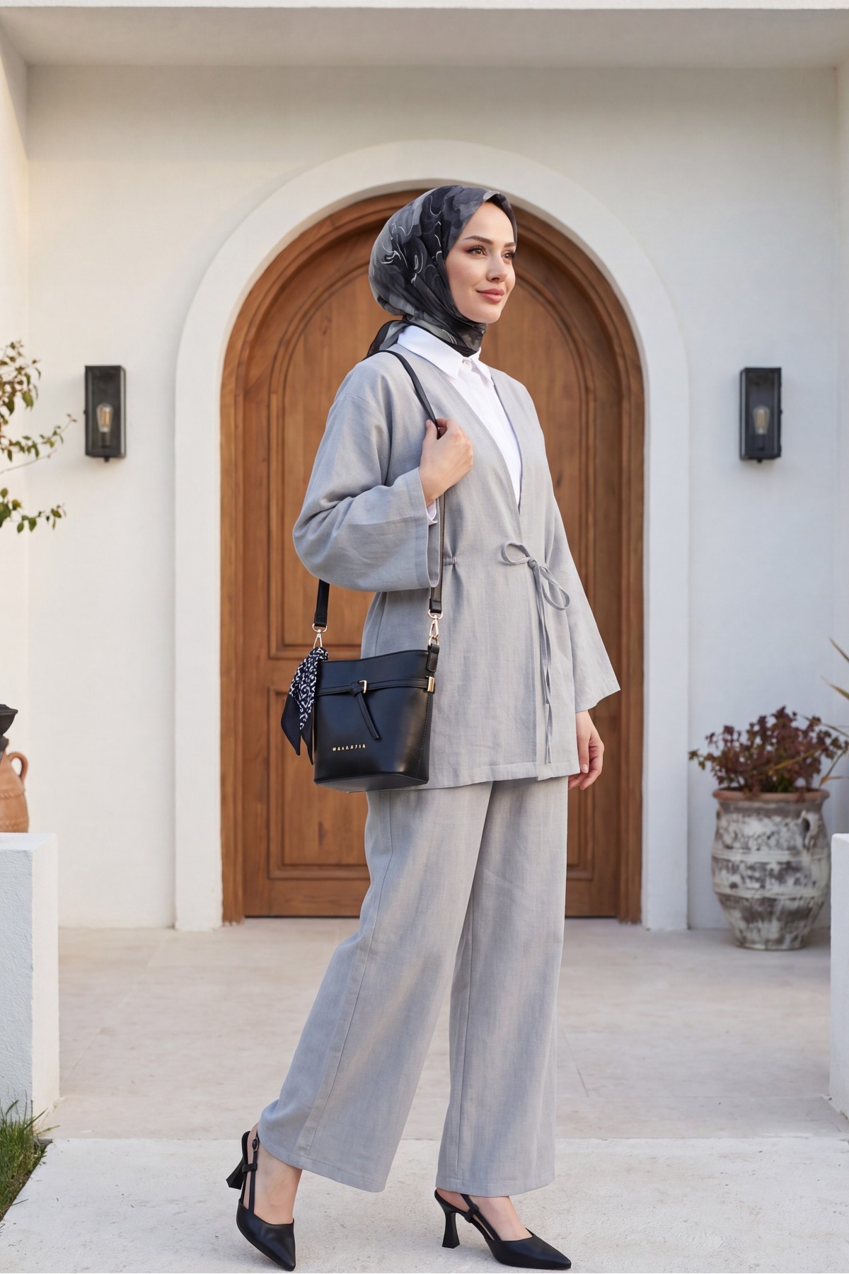 Front Tie Trouser Kimono Set         - Light grey detay görseli