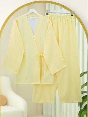 Önden Bağlamalı Pantolonlu Kimono Takım         -Açık Sarı