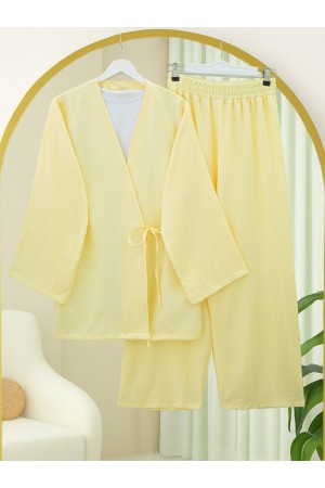 Front Tie Trouser Kimono Set         -Light yellow