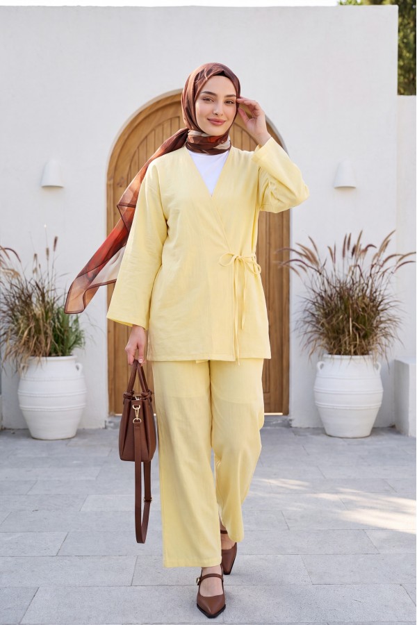 Önden Bağlamalı Pantolonlu Kimono Takım         -Açık Sarı