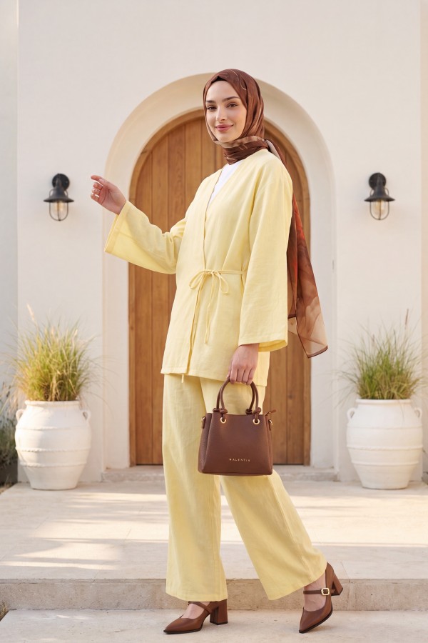 Önden Bağlamalı Pantolonlu Kimono Takım         -Açık Sarı