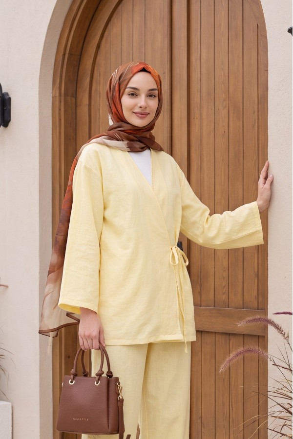 Önden Bağlamalı Pantolonlu Kimono Takım         -Açık Sarı
