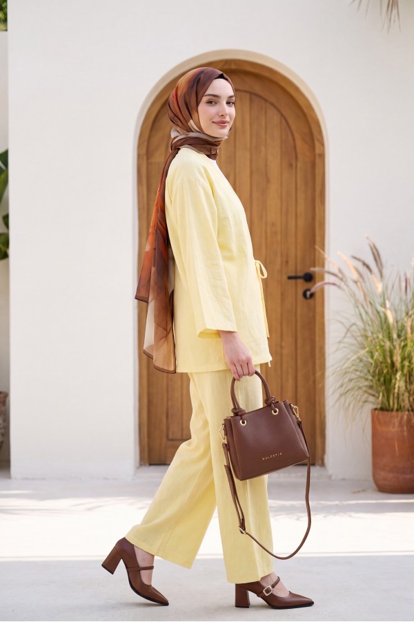 Önden Bağlamalı Pantolonlu Kimono Takım         -Açık Sarı