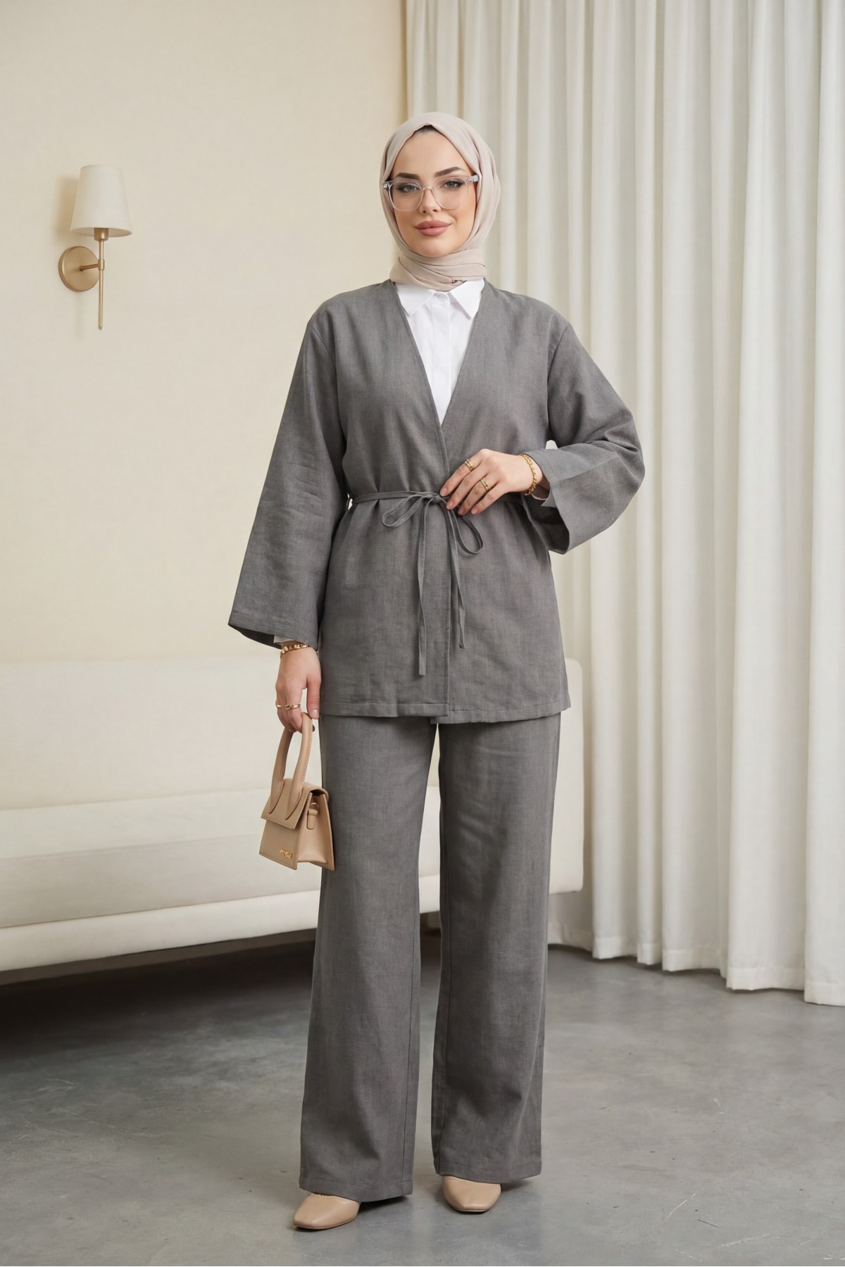 Önden Bağlamalı Pantolonlu Kimono Takım         -Antrasit