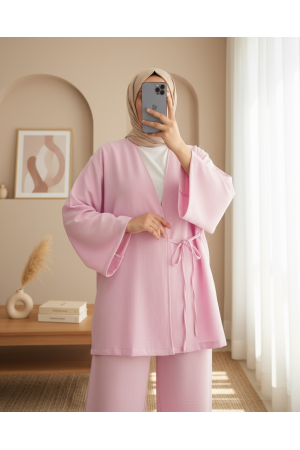 Front Tie Trouser Kimono Set         -Pink