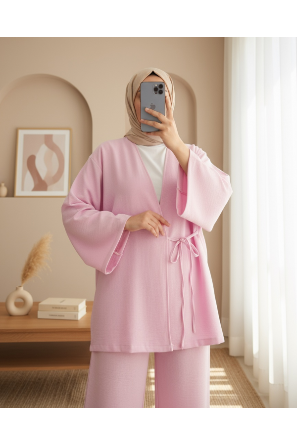 Önden Bağlamalı Pantolonlu Kimono Takım         -Pembe