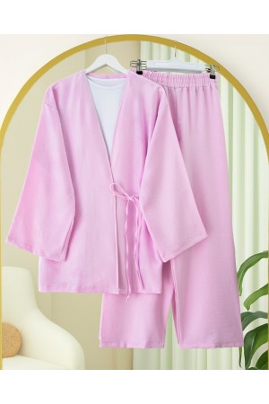 Front Tie Trouser Kimono Set         -Pink