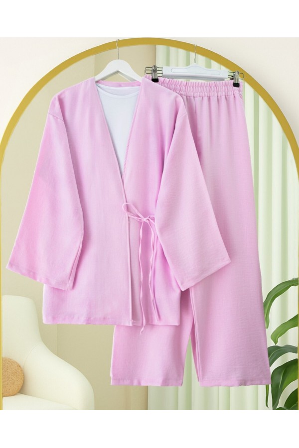 Önden Bağlamalı Pantolonlu Kimono Takım         -Pembe