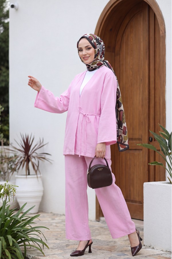 Önden Bağlamalı Pantolonlu Kimono Takım         -Pembe