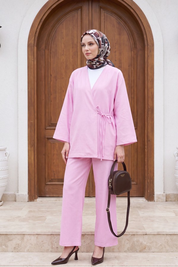 Önden Bağlamalı Pantolonlu Kimono Takım         -Pembe