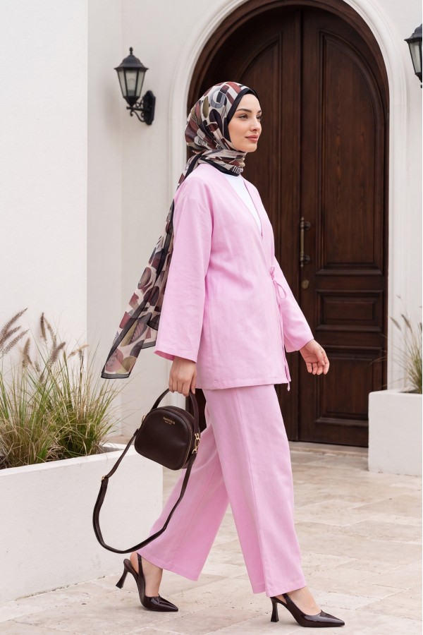 Önden Bağlamalı Pantolonlu Kimono Takım         -Pembe