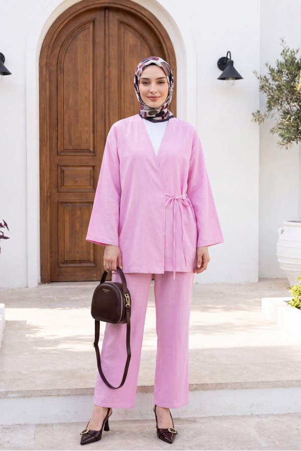 Önden Bağlamalı Pantolonlu Kimono Takım         -Pembe