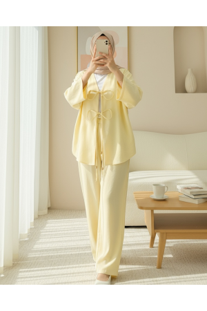 Kimono Set with Double Front Tie and Trousers       -Light yellow