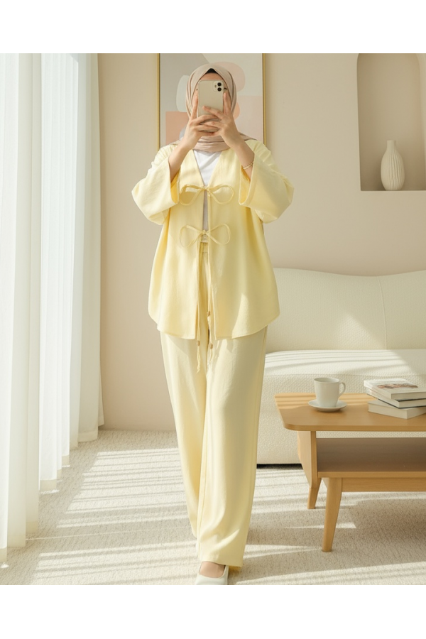 Önü Çift Bağlamalı Pantolonlu Kimono Takım       -Açık Sarı