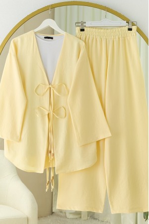 Kimono Set with Double Front Tie and Trousers       -Light yellow