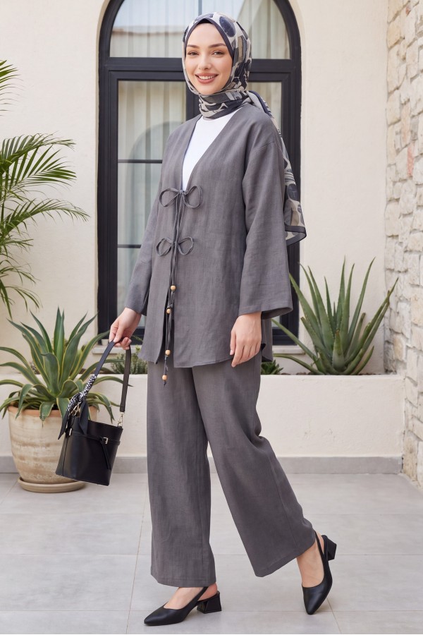 Önü Çift Bağlamalı Pantolonlu Kimono Takım       -Antrasit