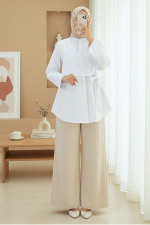 Yandan Bağlamalı Boydan Düğmeli Tunik -Beyaz