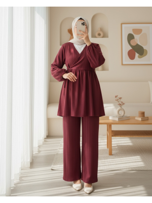 İçten Bağlamalı Tunik Bol Paça Pantolonlu Takım -Bordo