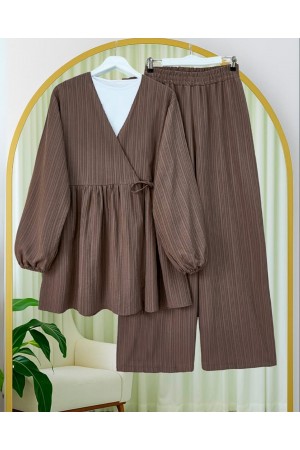 İçten Bağlamalı Tunik Bol Paça Pantolonlu Takım -Kahve