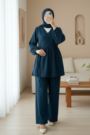 İçten Bağlamalı Tunik Bol Paça Pantolonlu Takım -Laci