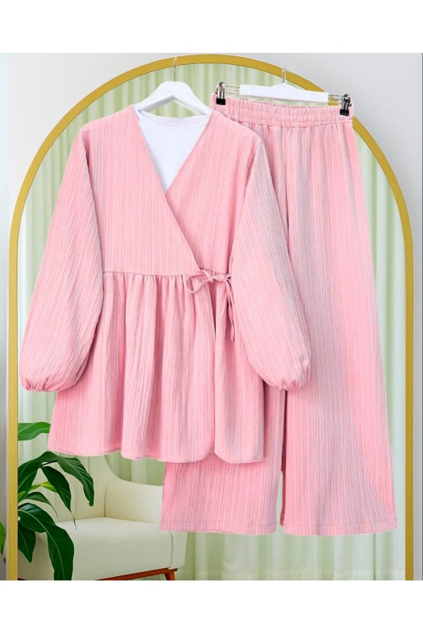 Internally Tied Tunic and Wide Leg Trousers Set -Pink