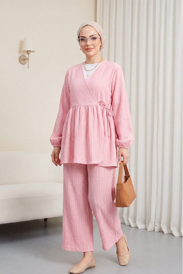 Internally Tied Tunic and Wide Leg Trousers Set -Pink