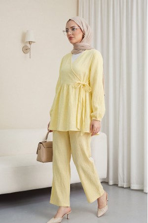İçten Bağlamalı Tunik Bol Paça Pantolonlu Takım -Sarı