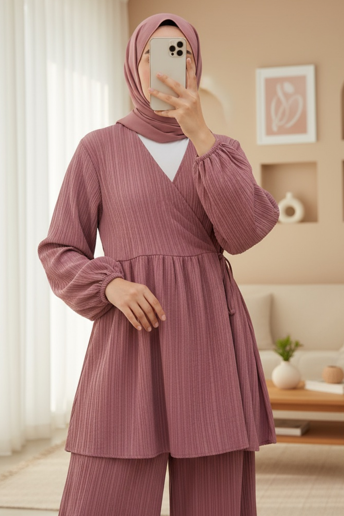 İçten Bağlamalı Tunik Bol Paça Pantolonlu Takım -Vişne