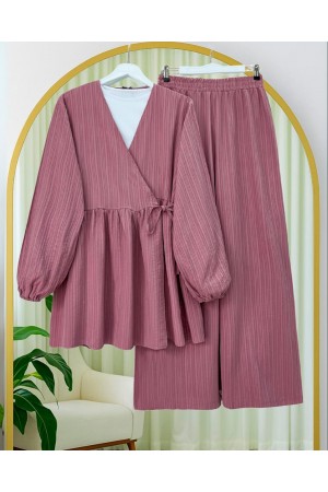 Internally Tied Tunic and Wide Leg Trousers Set -Cherry Color