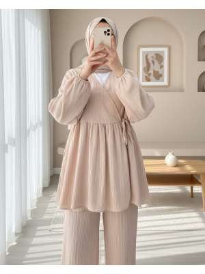 İçten Bağlamalı Tunik Bol Paça Pantolonlu Takım -Vizon