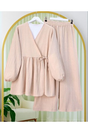 İçten Bağlamalı Tunik Bol Paça Pantolonlu Takım -Vizon