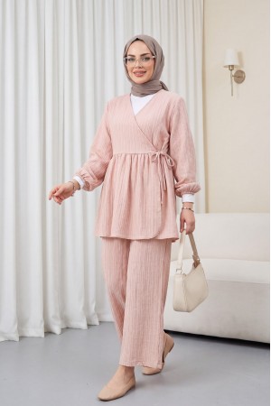 İçten Bağlamalı Tunik Bol Paça Pantolonlu Takım -Vizon