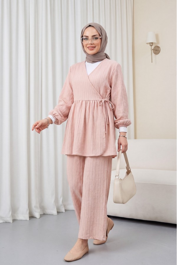 İçten Bağlamalı Tunik Bol Paça Pantolonlu Takım -Vizon