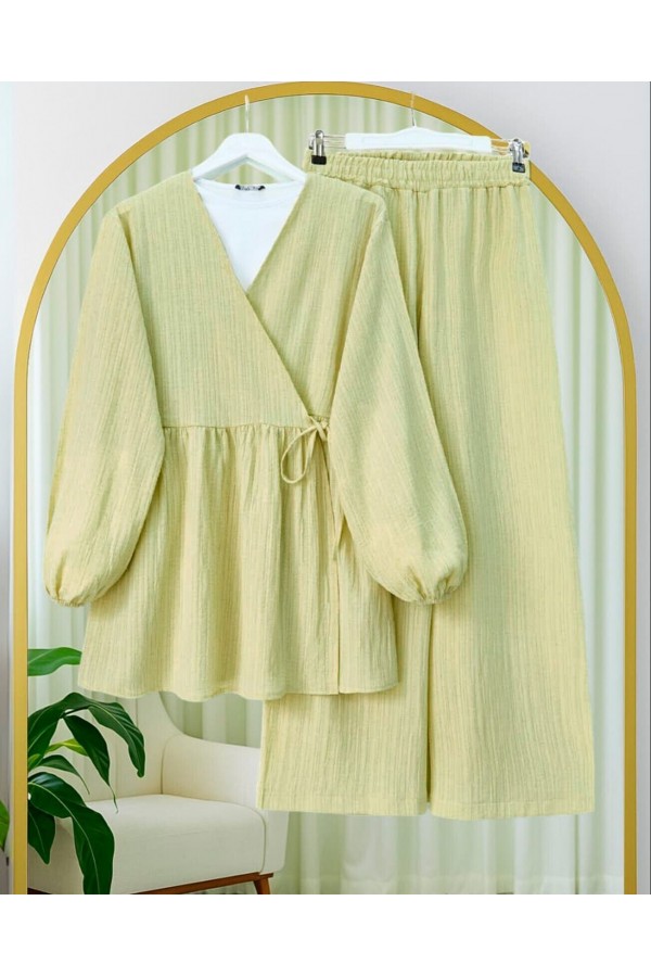 Internally Tied Tunic and Wide Leg Trousers Set -Oil Green