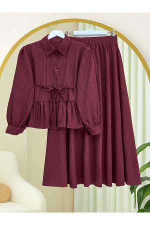Skirt Suit with Frilled Buttons and Tied Waist  -Maroon