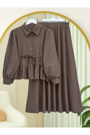 Skirt Suit with Frilled Buttons and Tied Waist  -Brown