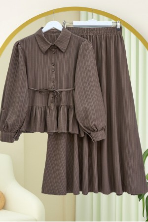 Skirt Suit with Frilled Buttons and Tied Waist  -Brown