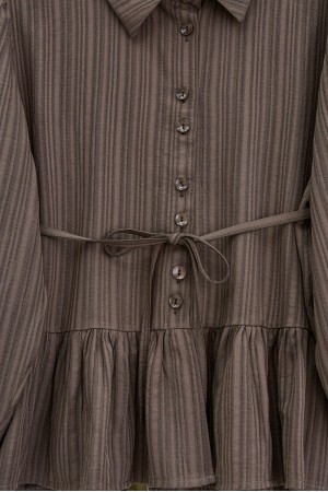Skirt Suit with Frilled Buttons and Tied Waist  -Brown