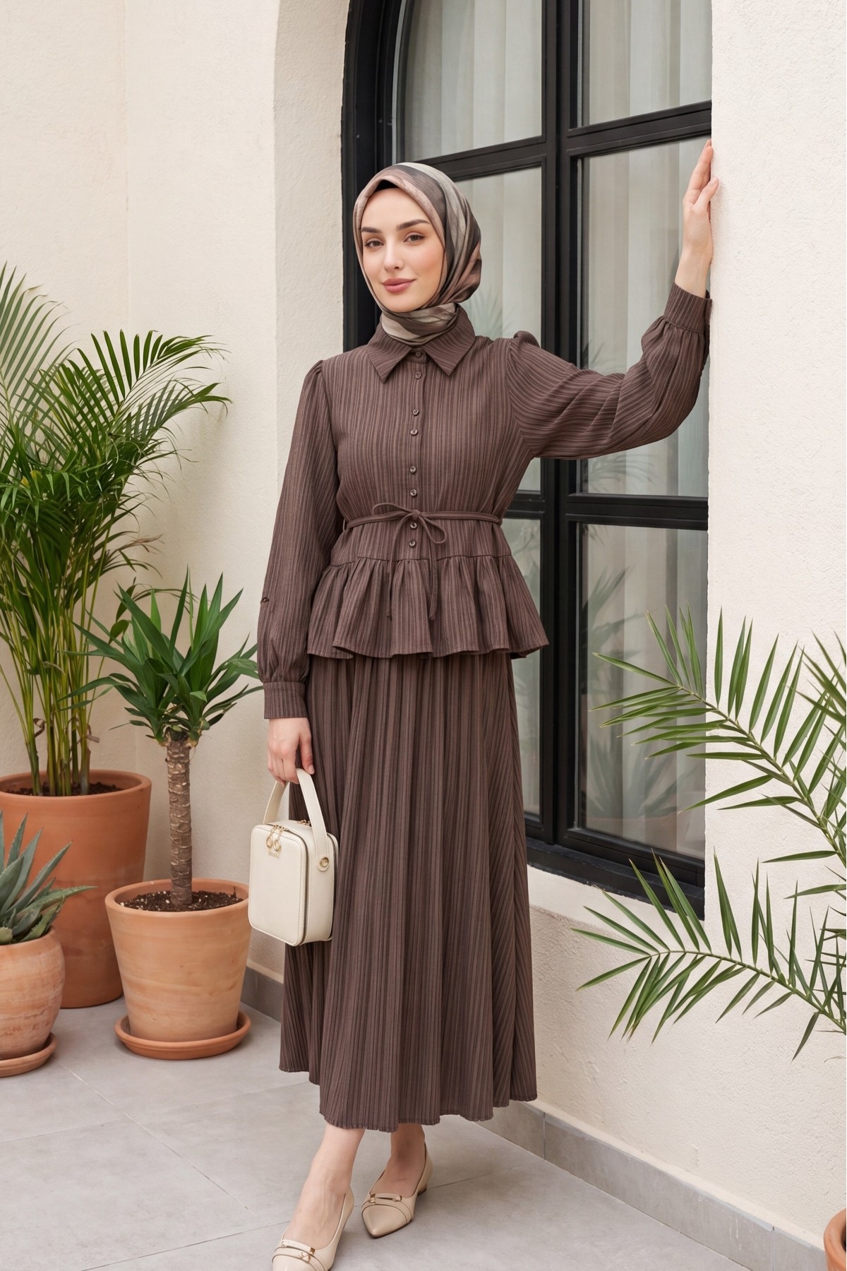 Skirt Suit with Frilled Buttons and Tied Waist  -Brown