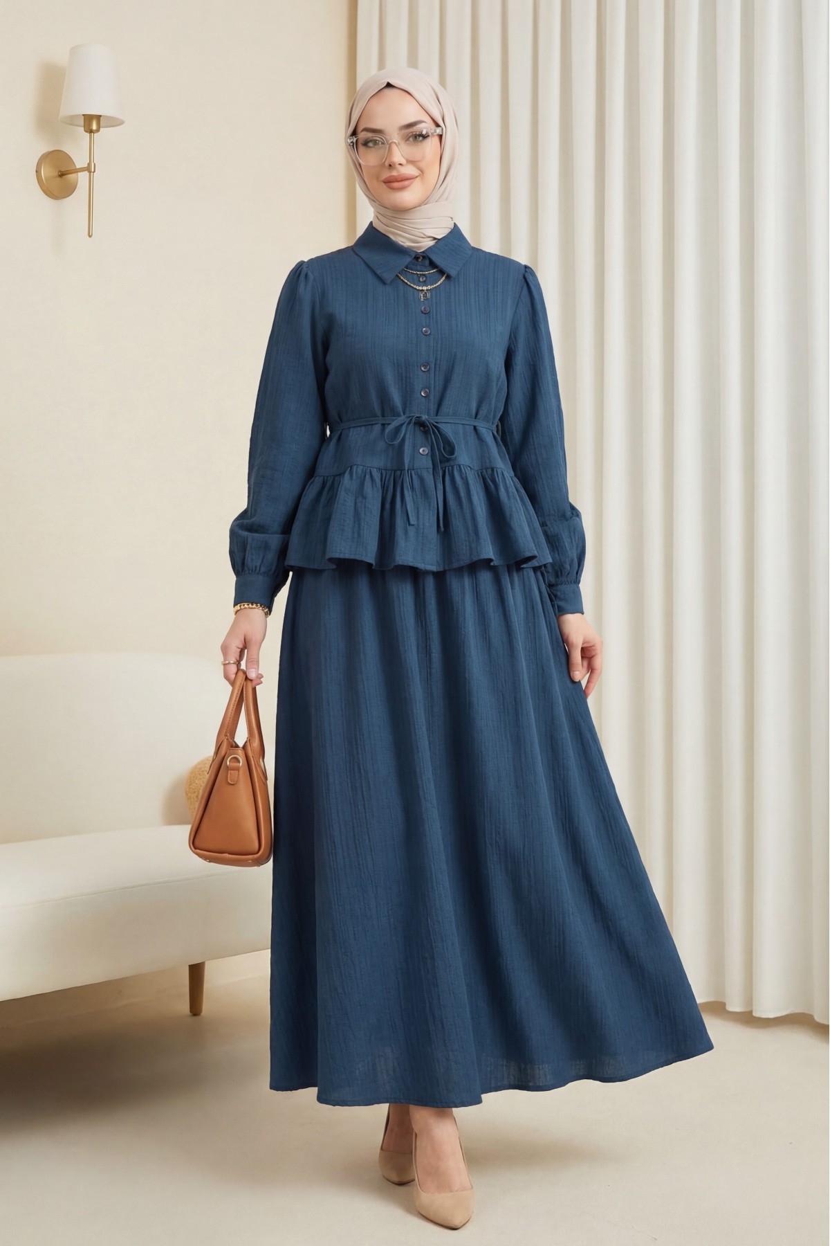 Skirt Suit with Frilled Buttons and Tied Waist  -Navy blue