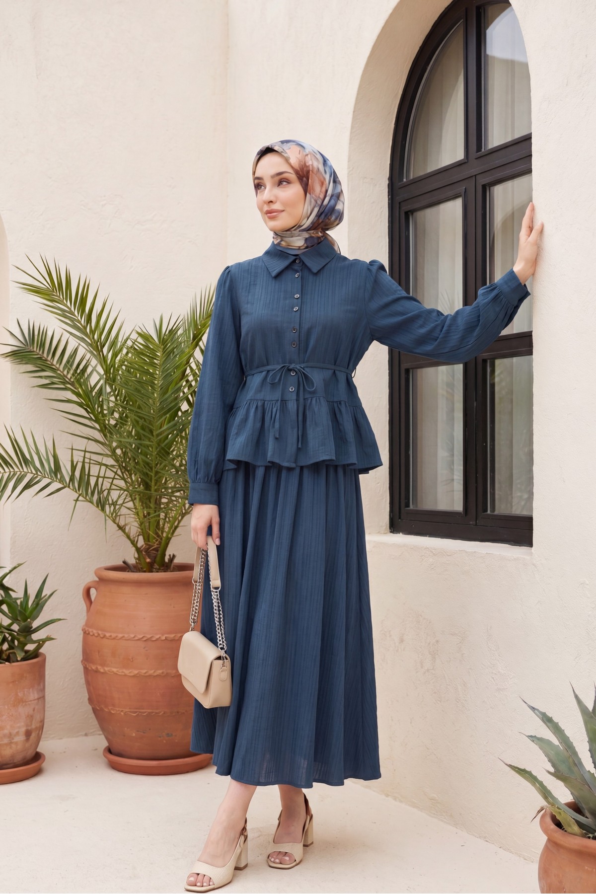 Skirt Suit with Frilled Buttons and Tied Waist  -Navy blue