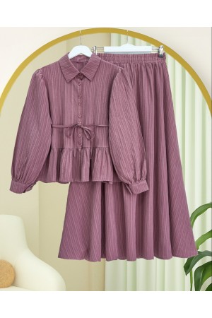 Skirt Suit with Frilled Buttons and Tied Waist  -Cherry Color