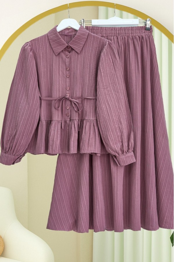 Skirt Suit with Frilled Buttons and Tied Waist  -Cherry Color