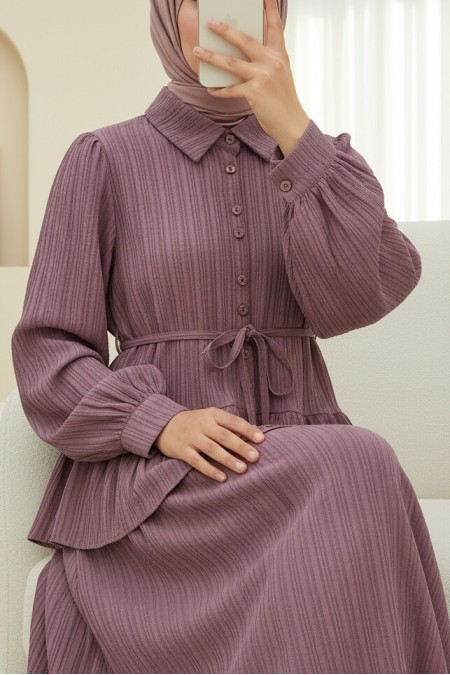 Eteği Fırfırlı Düğmeli Beli Bağcıklı Etekli Takım  -Vişne