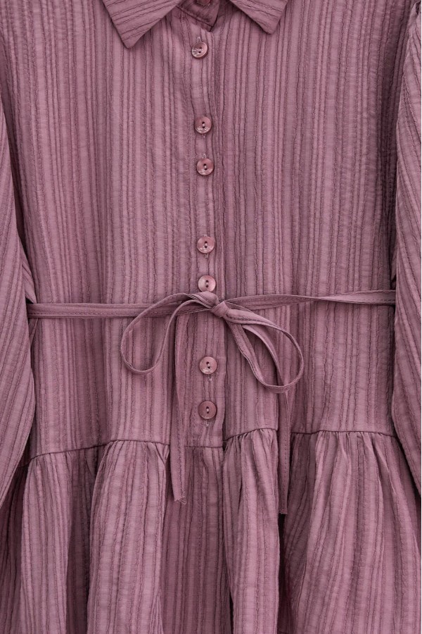 Skirt Suit with Frilled Buttons and Tied Waist  -Cherry Color